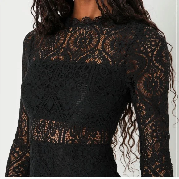 Lulus black lace cutout long sleeve mini dress, mock neck, medium, NWT - Picture 7 of 9